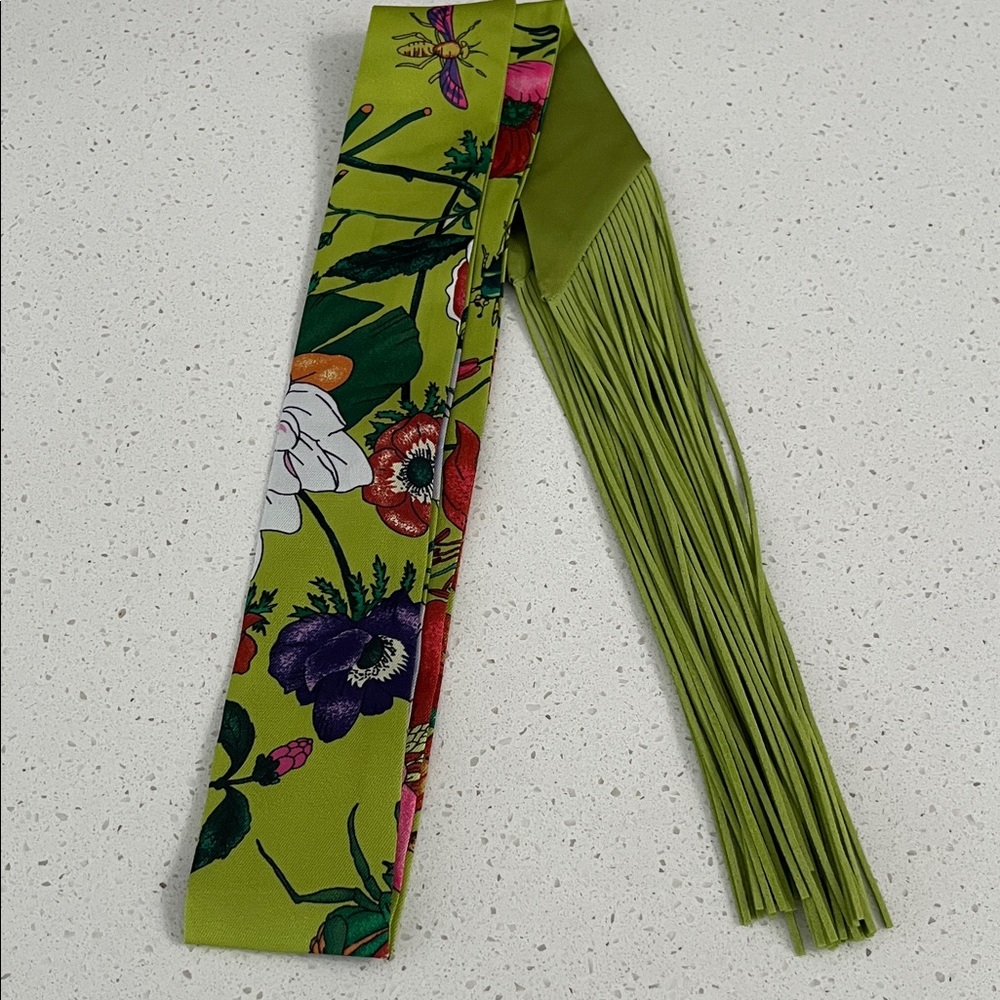 Floral Green Silk twilly with Fringe